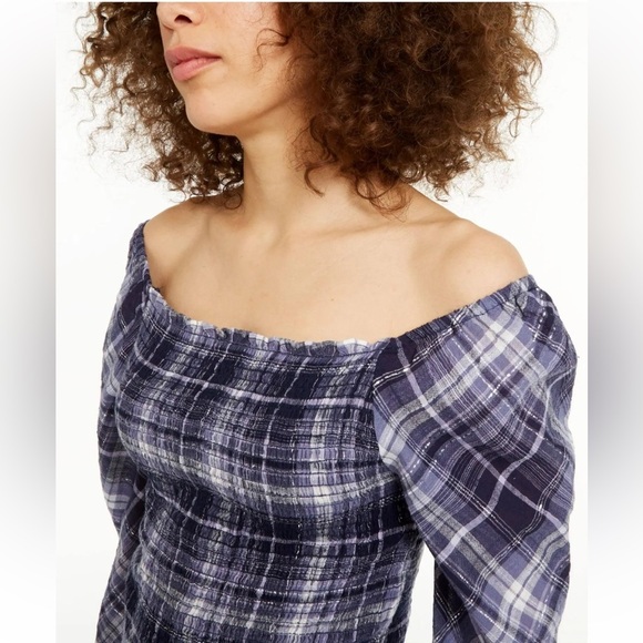 INC International Concepts Navy Plaid Off-Shoulder Blouse sz L - Picture 5 of 12